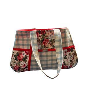 Handmade Color Block Purse Tote Red Blue Flowers Plaid